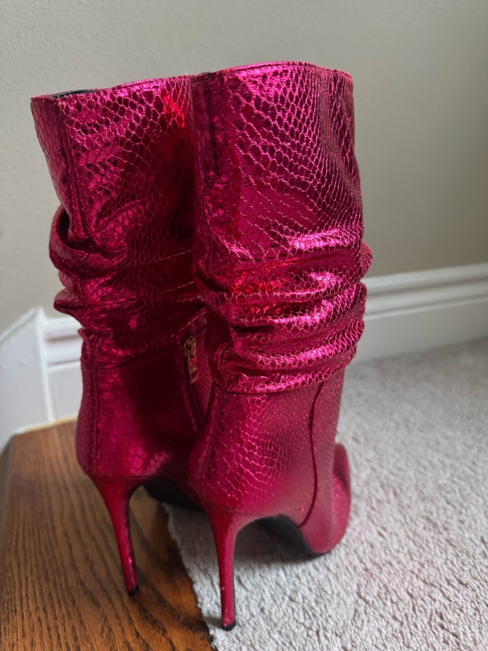 Metallic Fuchsia Pointed-Toe Stiletto Mid-Calf Boots - Picture 4 of 4